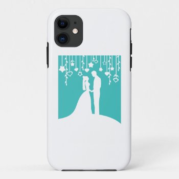 Aqua & White Bride And Groom Wedding Silhouettes Iphone 11 Case by PeachyPrints at Zazzle