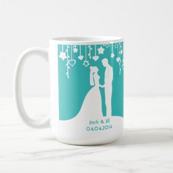 Aqua & White Bride And Groom Wedding Silhouettes Coffee Mug by PeachyPrints at Zazzle