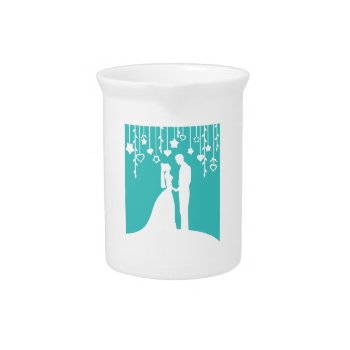 Aqua & White Bride And Groom Wedding Silhouettes Drink Pitcher by PeachyPrints at Zazzle