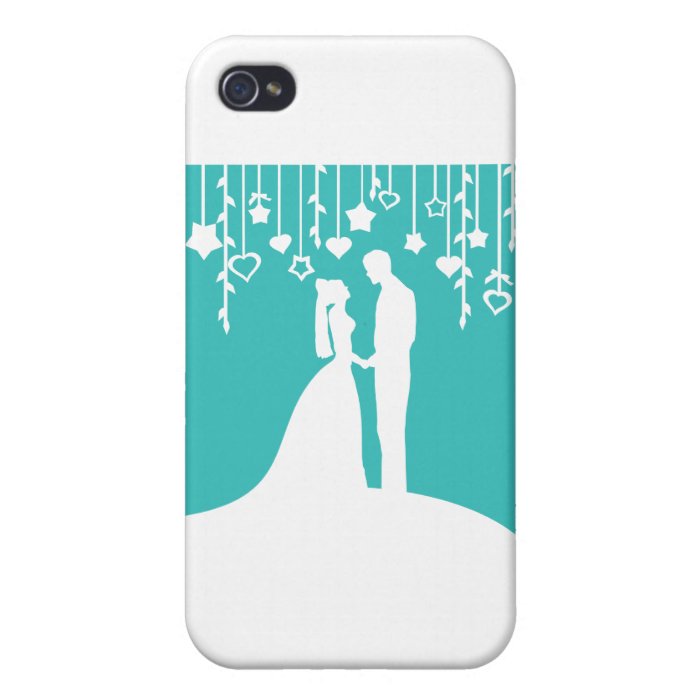 Aqua & White Bride and Groom Wedding Silhouettes Covers For iPhone 4