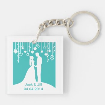 Aqua & White Bride And Groom Wedding Silhouettes Keychain by PeachyPrints at Zazzle