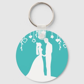 Aqua & White Bride And Groom Wedding Silhouettes Keychain by PeachyPrints at Zazzle