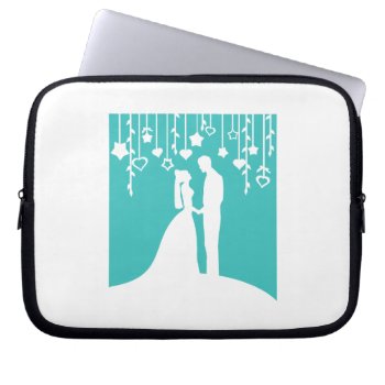 Aqua & White Bride And Groom Wedding Silhouettes Laptop Sleeve by PeachyPrints at Zazzle