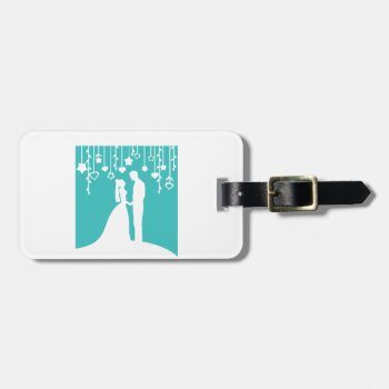 Aqua & White Bride And Groom Wedding Silhouettes Luggage Tag by PeachyPrints at Zazzle