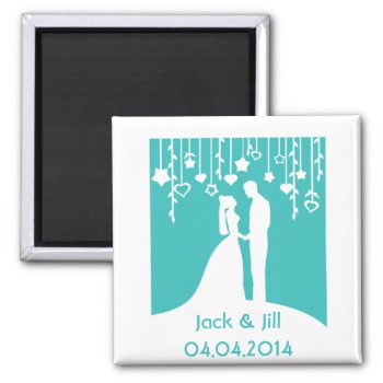 Aqua & White Bride And Groom Wedding Silhouettes Magnet by PeachyPrints at Zazzle