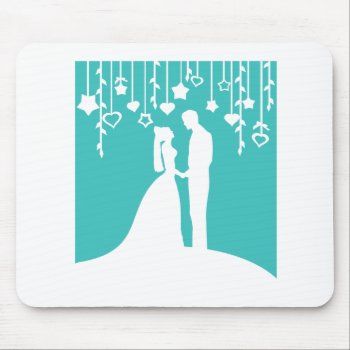 Aqua & White Bride And Groom Wedding Silhouettes Mouse Pad by PeachyPrints at Zazzle