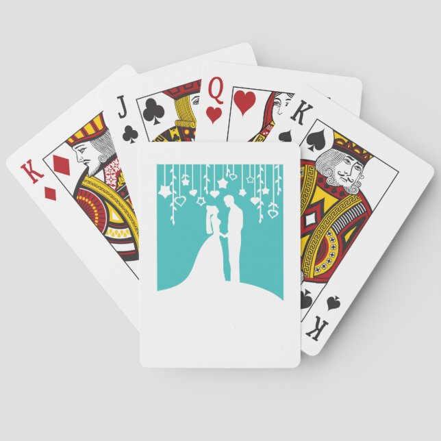 Aqua & White Bride and Groom Wedding Silhouettes Poker Cards (Back)