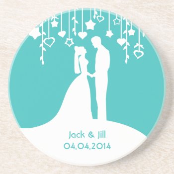 Aqua & White Bride And Groom Wedding Silhouettes Sandstone Coaster by PeachyPrints at Zazzle