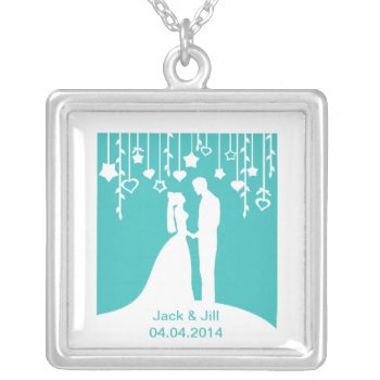 Aqua & White Bride And Groom Wedding Silhouettes Silver Plated Necklace by PeachyPrints at Zazzle