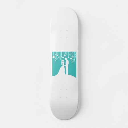 Aqua & White Bride And Groom Wedding Silhouettes Skateboard Deck