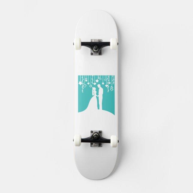 Aqua & White Bride and Groom Wedding Silhouettes Skateboard Deck (Front)