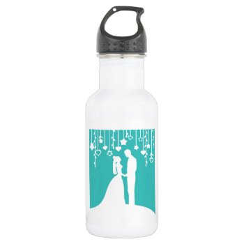 Aqua & White Bride And Groom Wedding Silhouettes Stainless Steel Water Bottle by PeachyPrints at Zazzle