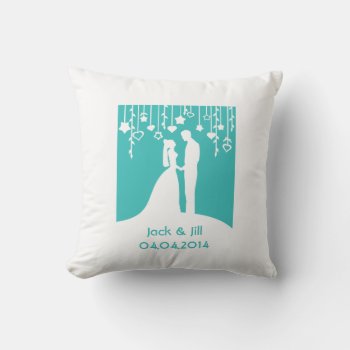 Aqua & White Bride And Groom Wedding Silhouettes Throw Pillow by PeachyPrints at Zazzle