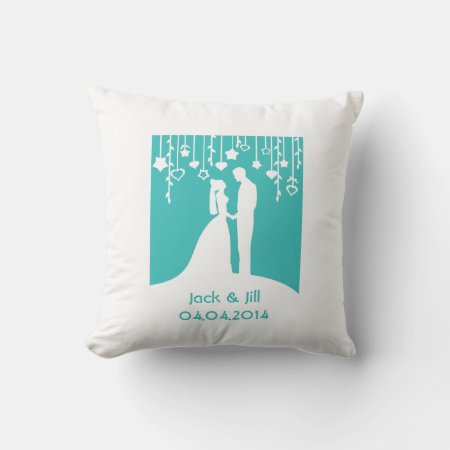 Aqua & White Bride And Groom Wedding Silhouettes Throw Pillow