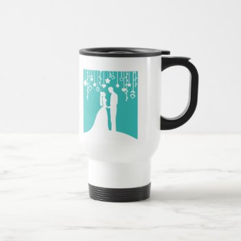 Aqua & White Bride And Groom Wedding Silhouettes Travel Mug by PeachyPrints at Zazzle
