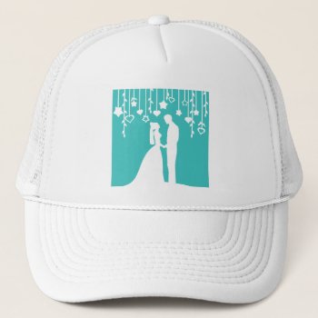 Aqua & White Bride And Groom Wedding Silhouettes Trucker Hat by PeachyPrints at Zazzle
