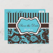 Aqua, White, Brown Damask Save the Date Card (Front/Back)