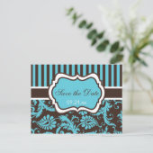 Aqua, White, Brown Damask Save the Date Card (Standing Front)
