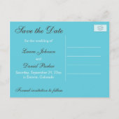 Aqua, White, Brown Damask Save the Date Card (Back)