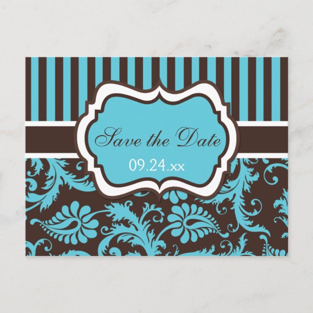 Aqua, White, Brown Damask Save the Date Card (Front)
