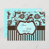 Aqua White Brown Striped Damask Save the Date Card (Front/Back)