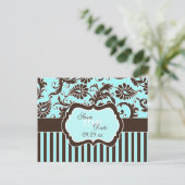 Aqua White Brown Striped Damask Save the Date Card (Standing Front)
