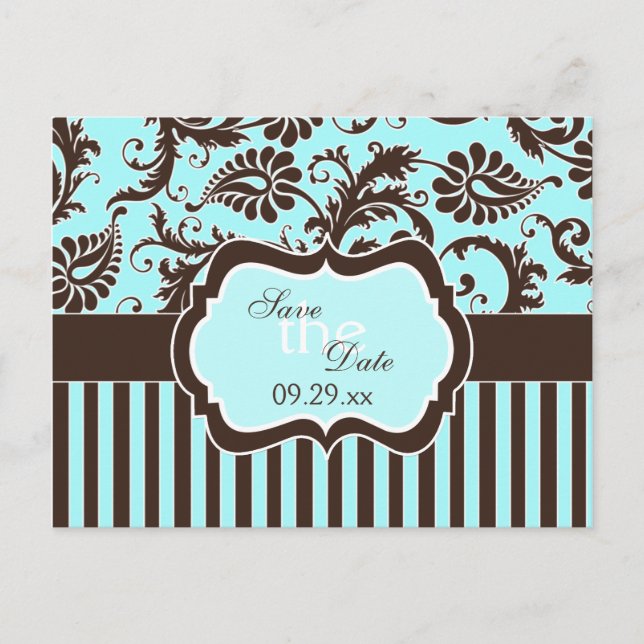 Aqua White Brown Striped Damask Save the Date Card (Front)