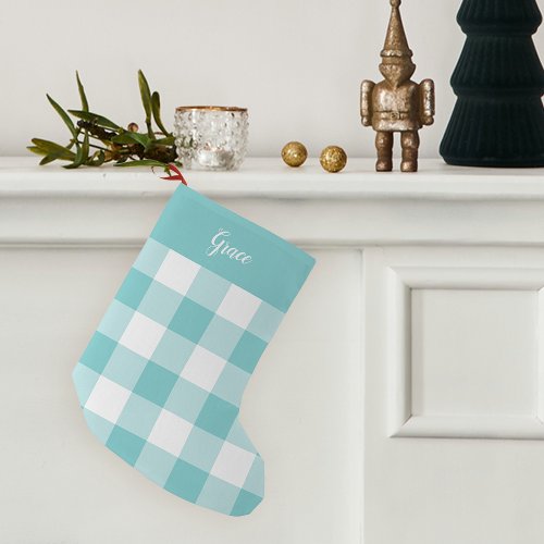 Aqua  White Buffalo Plaid Personalized Small Christmas Stocking