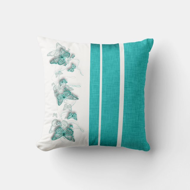 Aqua white butterfly stripe throw pillow (Front)