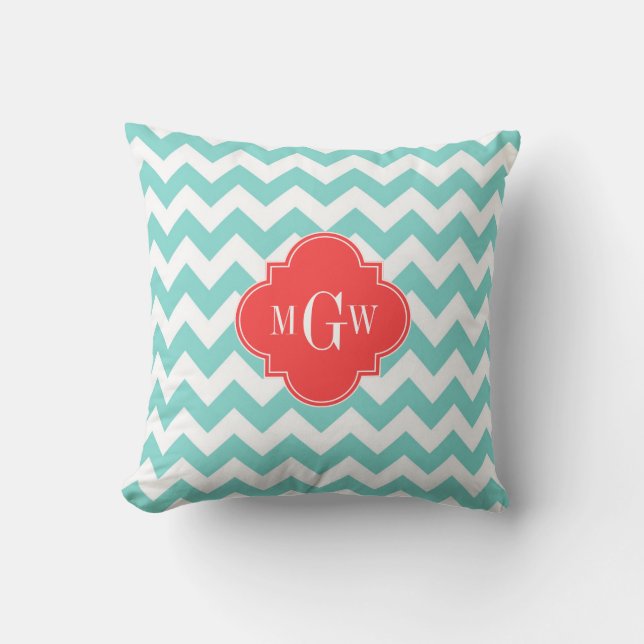 Aqua White Chevron Coral Red Quatrefoil 3 Monogram Throw Pillow (Front)