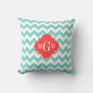 Aqua White Chevron Coral Red Quatrefoil 3 Monogram Throw Pillow