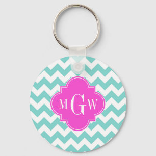 Aqua White Chevron Hot Pink Quatrefoil 3 Monogram Keychain
