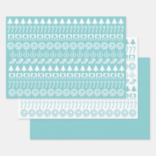 AquaWhite Christmas Iconic Pattern Wrapping Paper Sheets