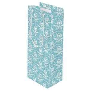 Aqua & White Damask Print Wine Gift Bag