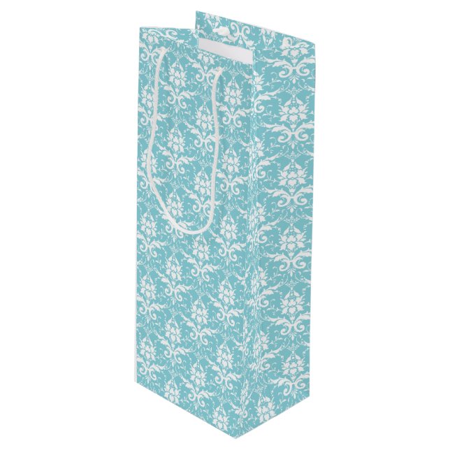 Aqua & White Damask Print Wine Gift Bag (Front Angled)