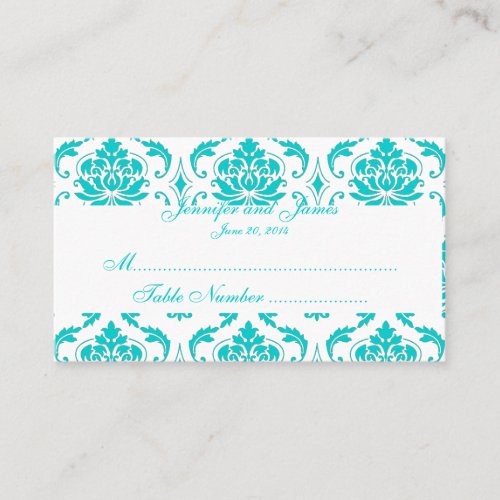 Aqua White Damask Wedding Place Card Business Card