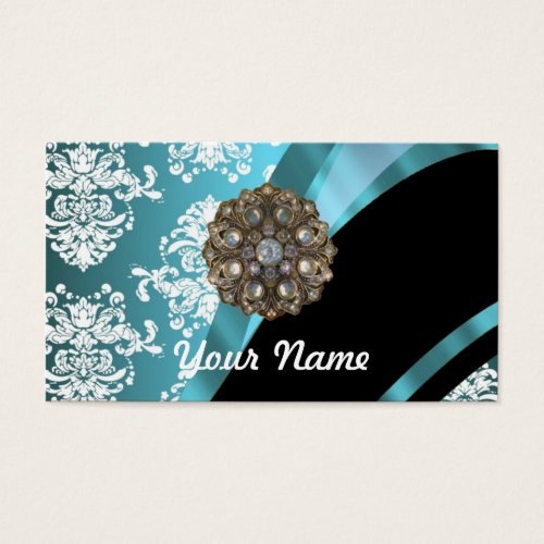 Aqua &amp; white damask with faux crystal gem business card