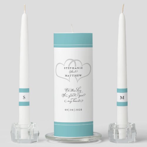 Aqua  White Elegant Wedding Ceremony Bride Groom Unity Candle Set