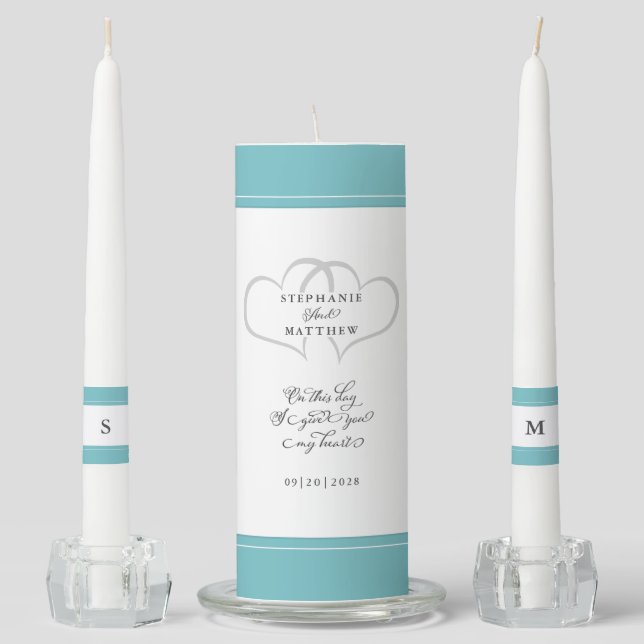 Aqua & White Elegant Wedding Ceremony Bride Groom Unity Candle Set (Front)
