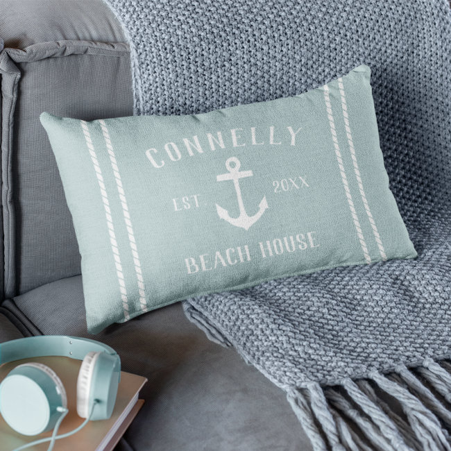 Aqua & White Family Name Beach House Anchor Lumbar Pillow