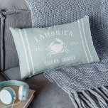Aqua & White Family Name Shore House Crab Lumbar Pillow<br><div class="desc">Light coastal aqua blue throw pillow features your family name and "shore house" or other house type,  in white lettering. A crab illustration appears in the center with your year established alongside,  flanked by rope stripe accents for a rustic nautical look.</div>
