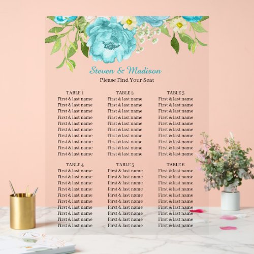 Aqua & White Floral Wedding Reception Seating Acrylic Sign