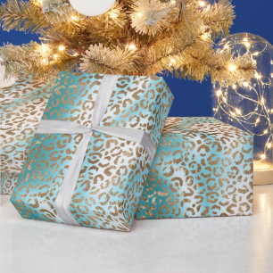 Aqua White Gold Leopard Print Wrapping Paper