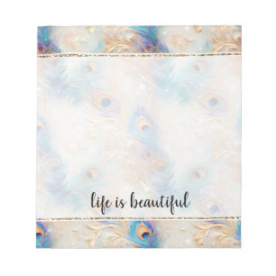 Aqua White Gold Peacock feathers Notepad