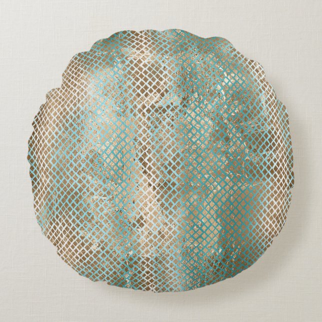 Aqua White Gold Snake Print Round Pillow (Front)