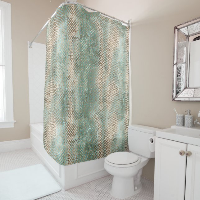 Aqua White Gold Snake Print Shower Curtain (In Situ)