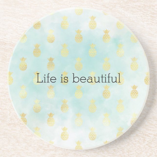 Aqua White Gold Tropical Glam Pineapples Coaster (Front)