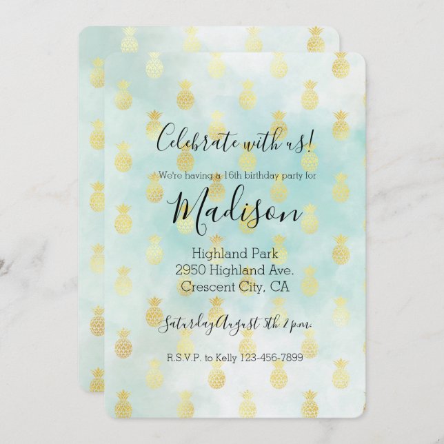 Aqua White Gold Tropical Glam Pineapples Invitation (Front/Back)