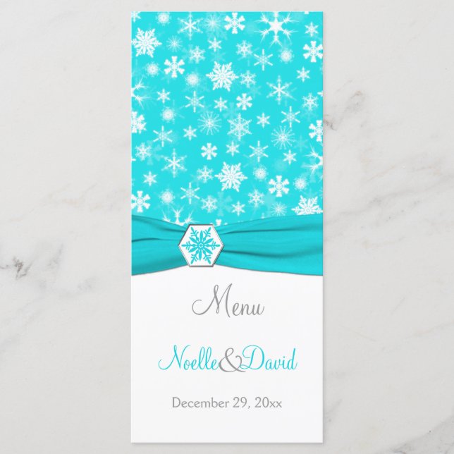 Aqua, White, Gray Snowflakes Menu Card (Front)