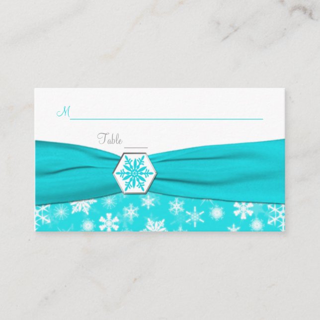 Aqua, White, Gray Snowflakes Place Cards (Front)